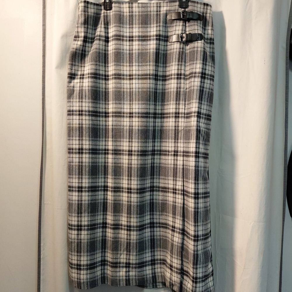 New JESSICA LONDON Women's Black Grey Plaid Wool Blend Highland‎ Maxi Skirt 18